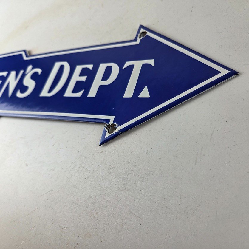 Vintage Men's Department Porcelain Sign - Directional Arrow Porcelain Pump Sign - Image 13