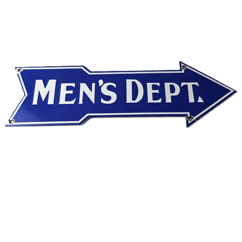 Vintage Men's Department Porcelain Sign - Directional Arrow Porcelain Pump Sign