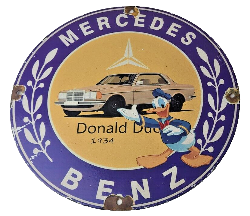 Vintage Mercedes Benz Sign - Porcelain Auto Shop Disney Duck Gas Pump Plate Sign