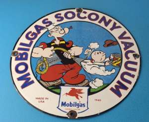 Vintage Mobil Gasoline Sign Popeye Comic Mobilgas Socony GasPorcelain Sign 305867592363