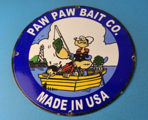 Vintage Paw Paw Bait Sign Popeye Fishing Gas Service Pump Plate Sign 305860573173