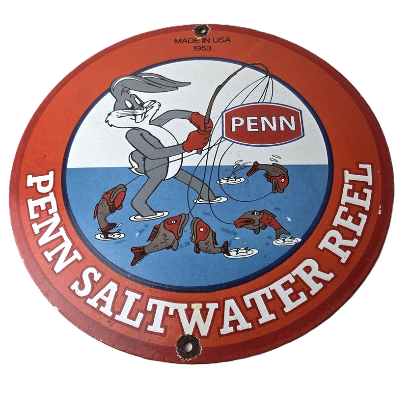 Vintage Penn Fishing Sign - Reels Porcelain Tackle Gas Pump Plate Sign