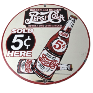 Vintage Pepsi-Cola 5¢ Bottle Porcelain Sign - Worth Dime Nickel Sign