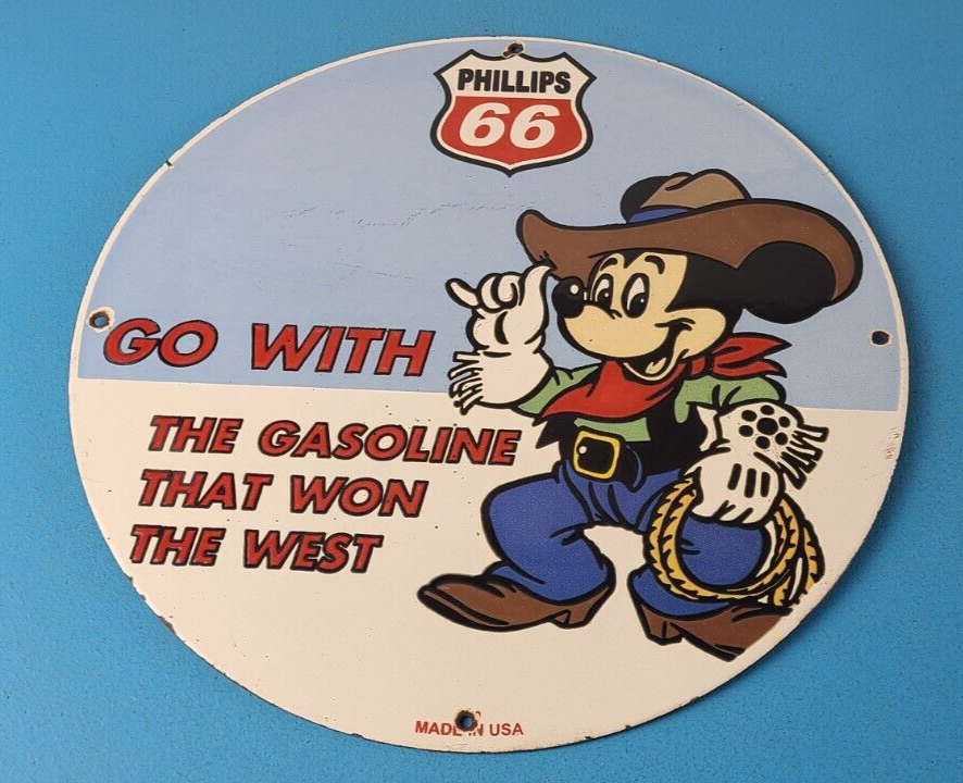 Vintage Phillips 66 Sign Porcelain Mickey Mouse Cowboy Gas Oil Pump Plate Sign 305855049443