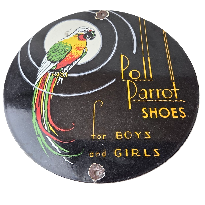 Vintage Poll Parrot Shoes Sign - Porcelain Gas Pump Service Station Sign