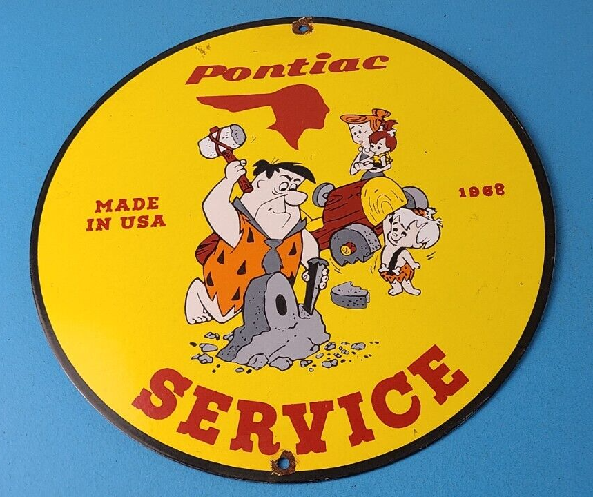 Vintage Pontiac Automobiles Sign Flintstones Cave Man Porcelain Gas Pump Sign 305838670753