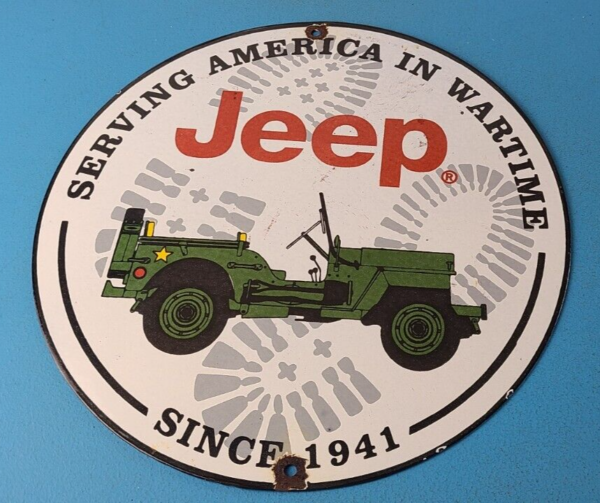 Vintage Porcelain Sign - Jeep Vehicles War Time 4 Wheel Drive Army Gas Pump Sign