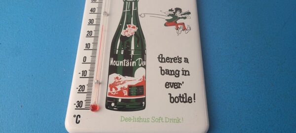 Vintage Porcelain Sign Mountain Dew Gasoline Pump Ad Sign On Thermometer 305707265563 3