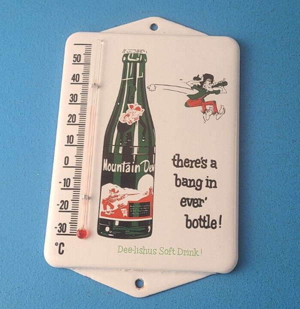 Vintage Porcelain Sign Mountain Dew Gasoline Pump Ad Sign On Thermometer 305707265563