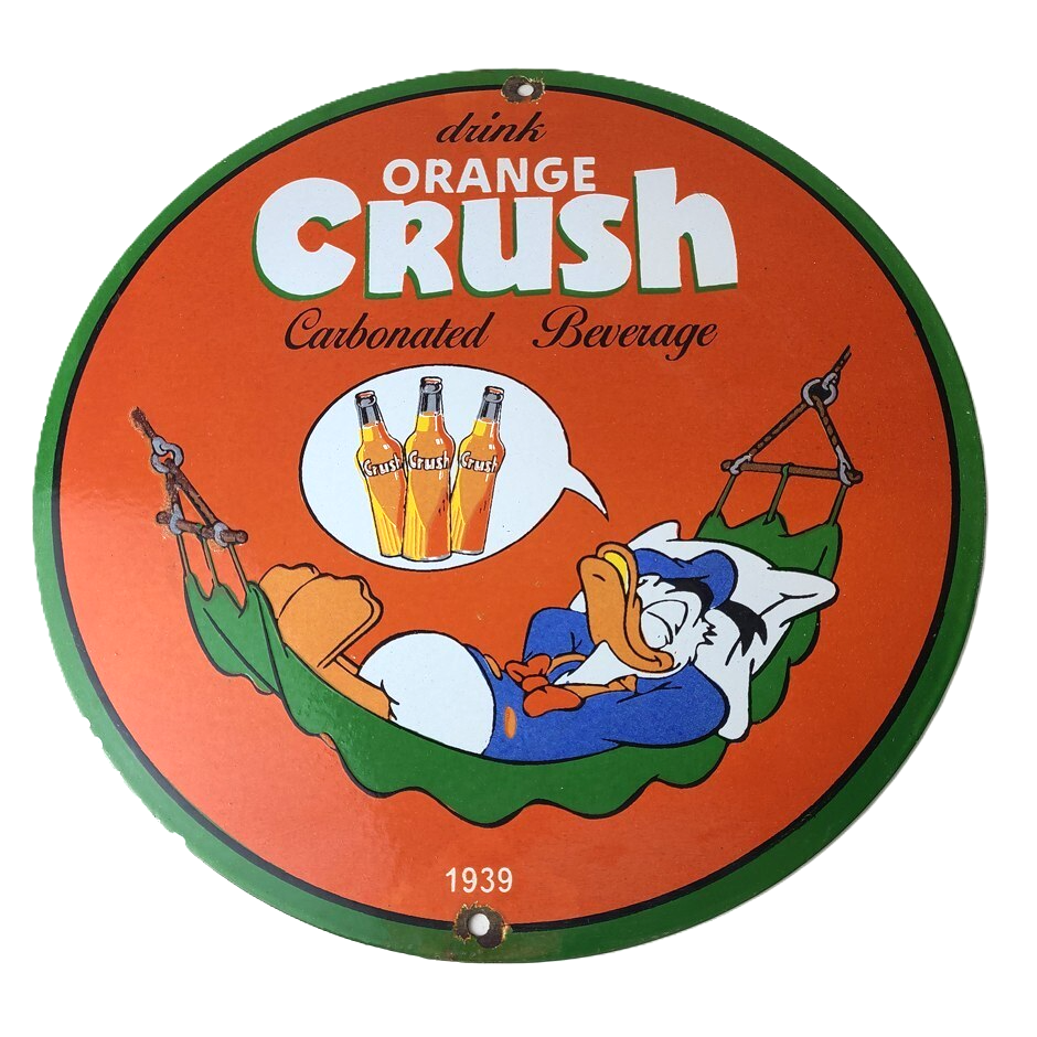 Vintage Porcelain Sign - Orange Crush Beverage Donald Duck Gas Station Sign