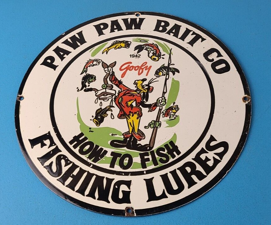 Vintage Porcelain Sign Paw Paw Bait Goofy Fishing Gas Service Pump Sign 305838622173