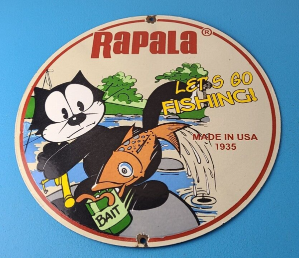 Vintage Rapala Fishing Lures Sign Felix the Cat Porcelain Gas Pump Plate Sign 305540760903