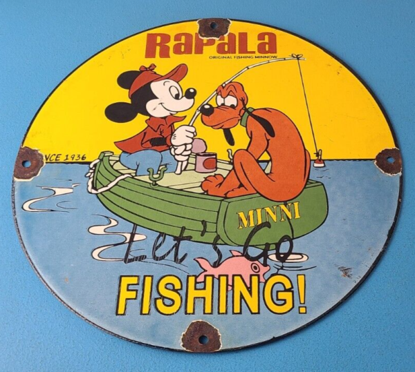 Vintage Rapala Sign Mickey Mouse Pluto Fishing Tackle Lures Gas Oil Pump Sign 305779208273