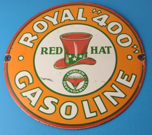 Vintage Red Hat Gasoline Sign Royal 400 Gas Pump Plate Porcelain Sign 305898960843