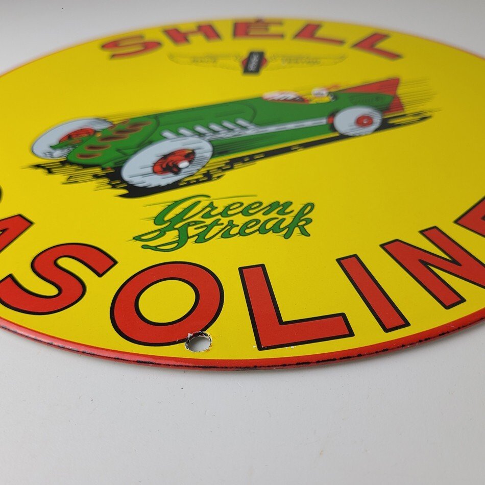 Vintage Shell Gasoline Sign - Green Streak Gas Pump Race Car Porcelain Sign - Image 11