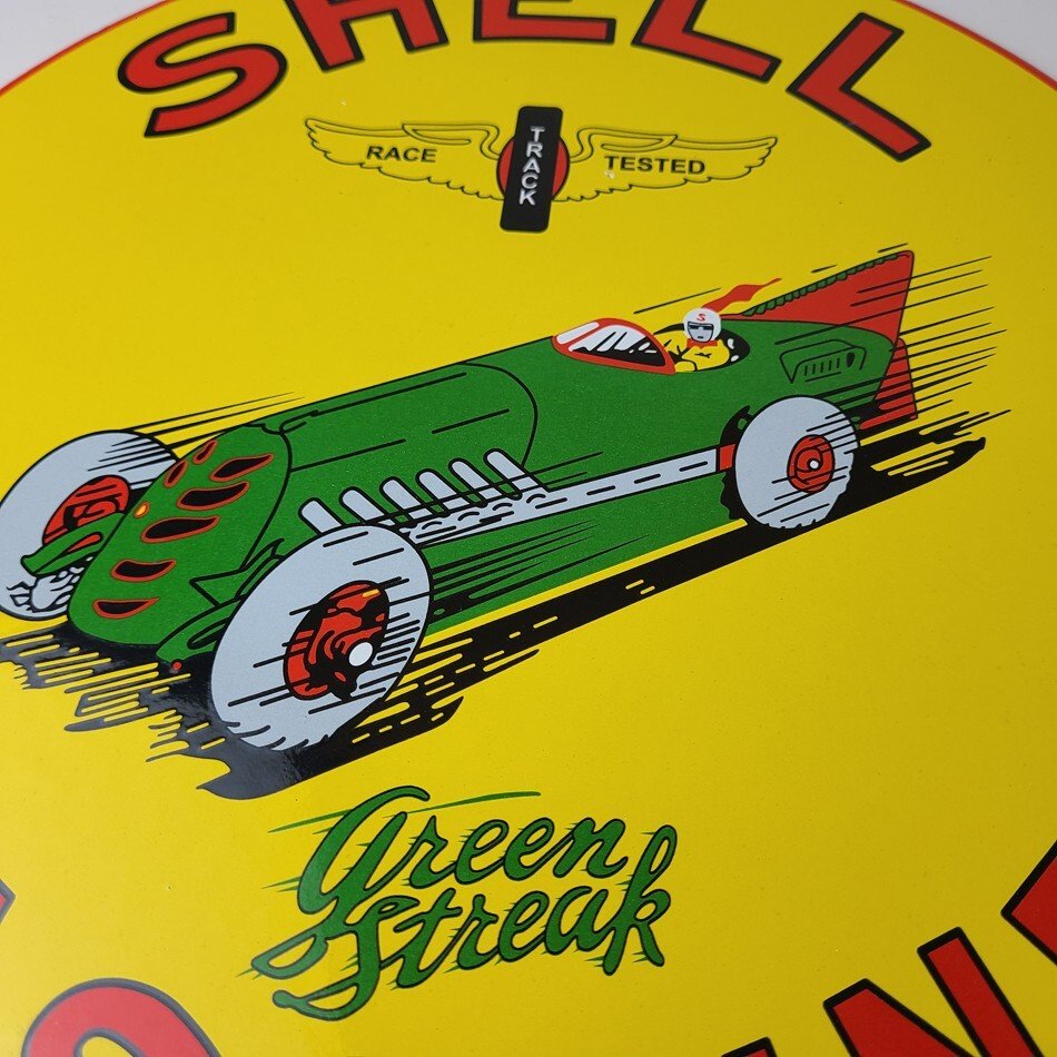 Vintage Shell Gasoline Sign - Green Streak Gas Pump Race Car Porcelain Sign - Image 12
