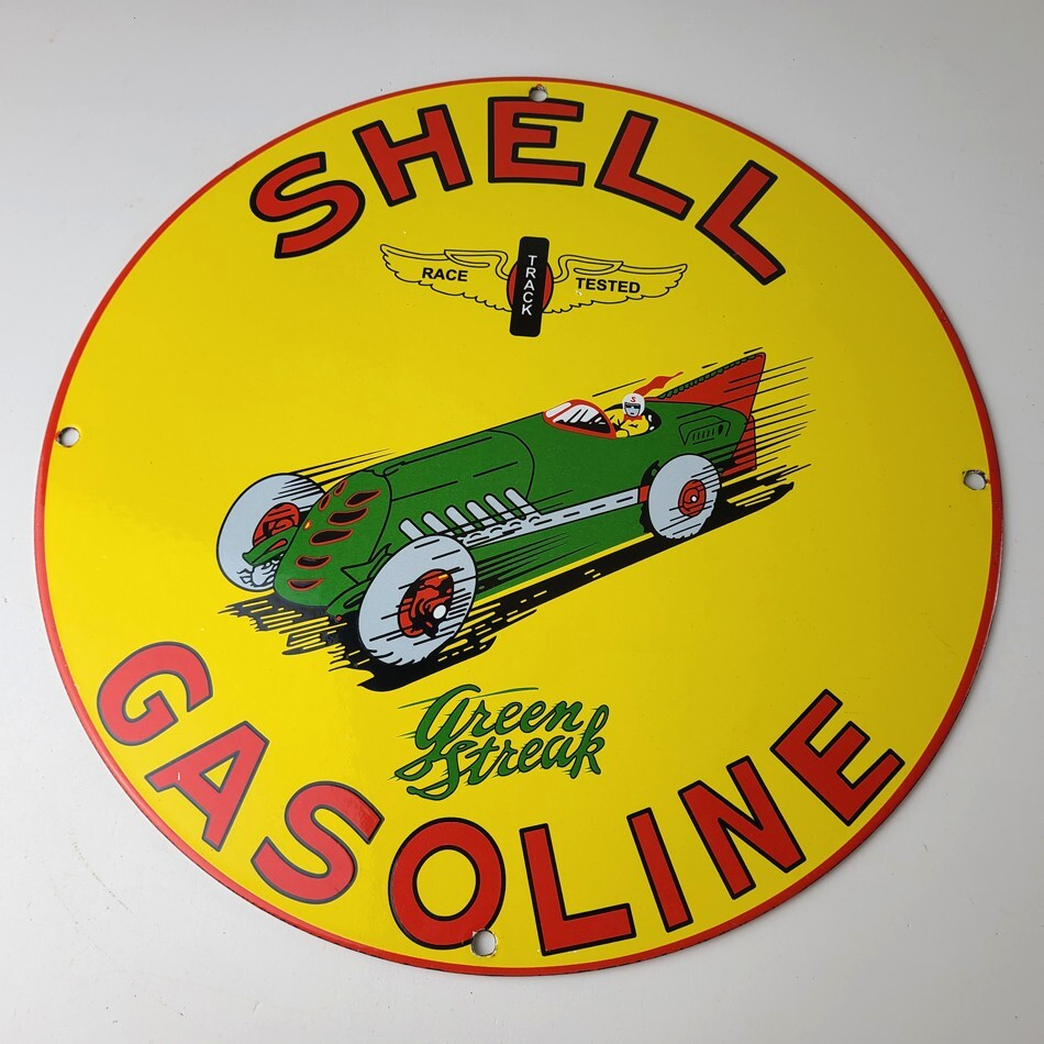 Vintage Shell Gasoline Sign - Green Streak Gas Pump Race Car Porcelain Sign - Image 13