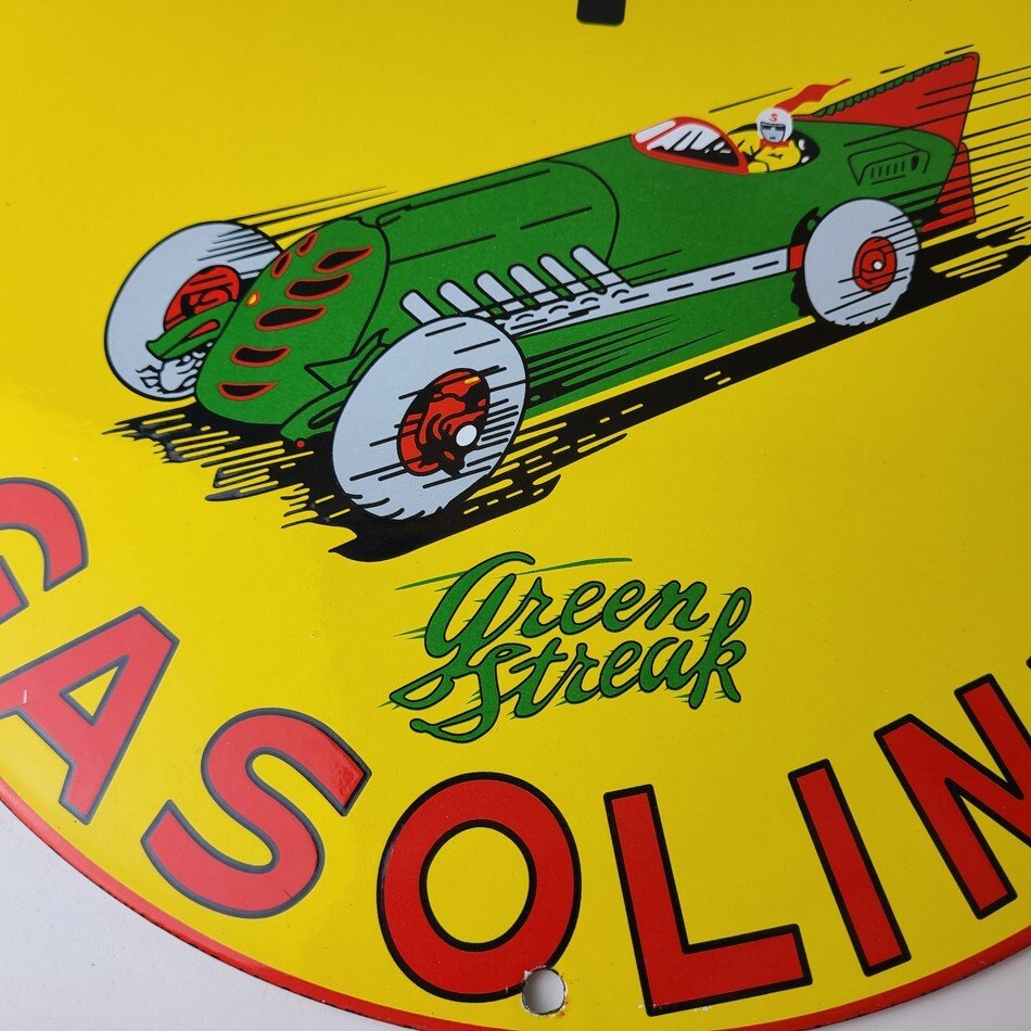 Vintage Shell Gasoline Sign - Green Streak Gas Pump Race Car Porcelain Sign - Image 4