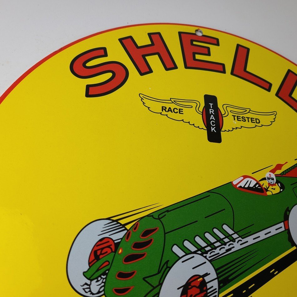 Vintage Shell Gasoline Sign - Green Streak Gas Pump Race Car Porcelain Sign - Image 5