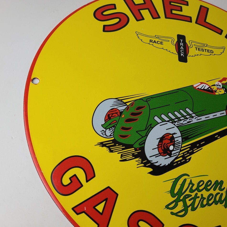Vintage Shell Gasoline Sign - Green Streak Gas Pump Race Car Porcelain Sign - Image 6