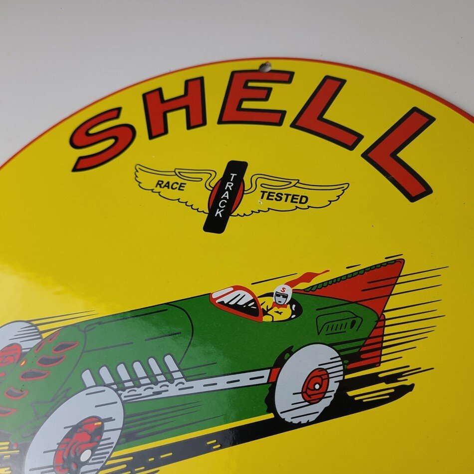 Vintage Shell Gasoline Sign - Green Streak Gas Pump Race Car Porcelain Sign - Image 8