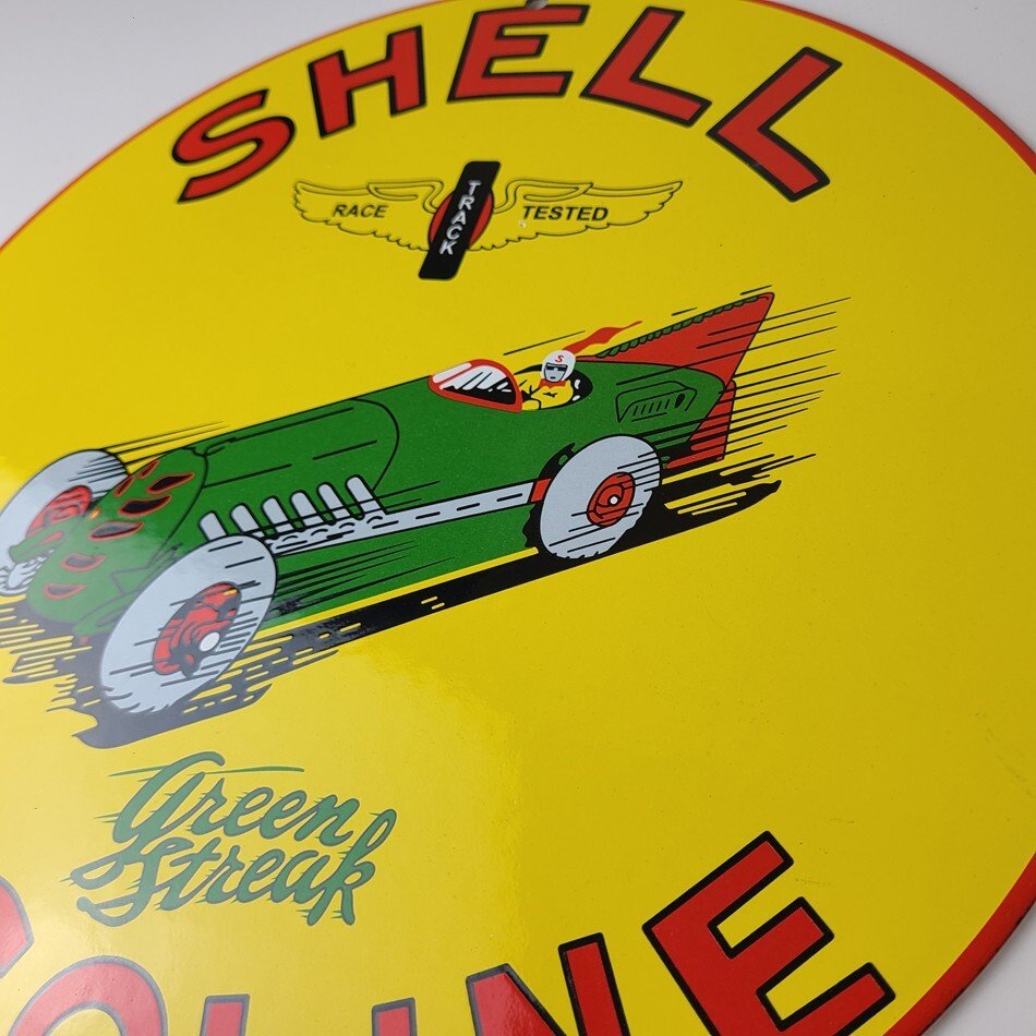 Vintage Shell Gasoline Sign - Green Streak Gas Pump Race Car Porcelain Sign - Image 9