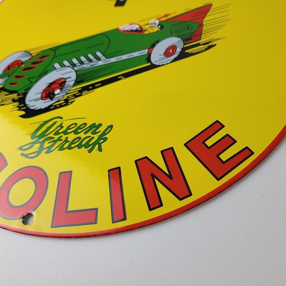 Vintage Shell Gasoline Sign - Green Streak Gas Pump Race Car Porcelain Sign - Image 10