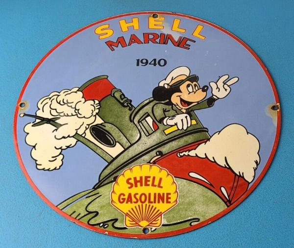 Vintage Shell Gasoline Sign Mickey Old Steamboat Gas Oil Pump Porcelain Sign 305726884833