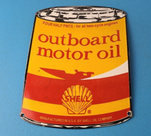 Vintage Shell Gasoline Sign Outboard Motor Oil Can Gas Pump Porcelain Sign 305872172553