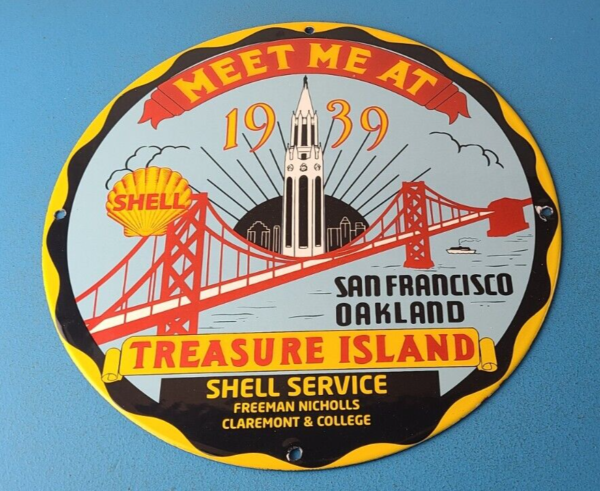 Vintage Shell Gasoline Sign Treasure Island Gas Oil Pump Porcelain Sign 305764248963