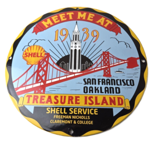 Vintage Shell Gasoline Sign - Treasure Island Gas Pump Station Ad Porcelain Sign