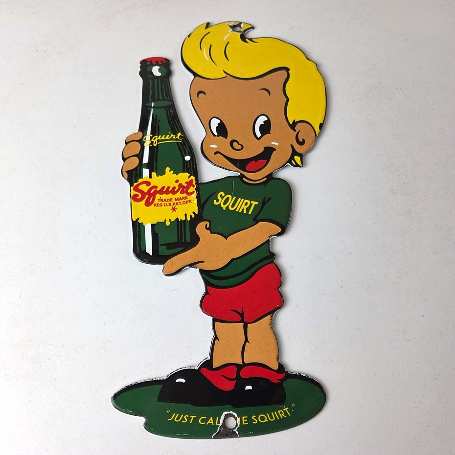 Vintage Squirt Boy Sign - Soda Gas Pump Wall Service Sales Porcelain Sign - Image 15