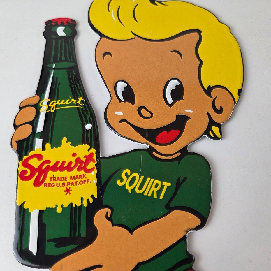 Vintage Squirt Boy Sign - Soda Gas Pump Wall Service Sales Porcelain Sign - Image 3