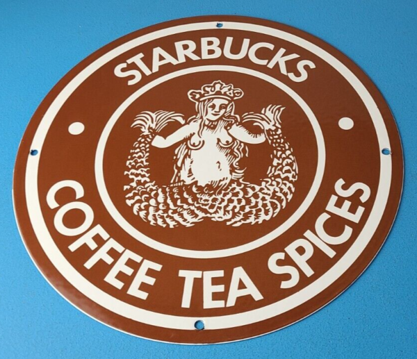 Vintage Starbucks Sign Coffee Tea Spices Porcelain Beverage Gas Pump Sign 305742078943