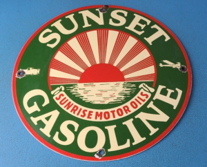 Vintage Sunset Gasoline Sign Gas Motor Oil Pump Plate Porcelain Sign 305868067983