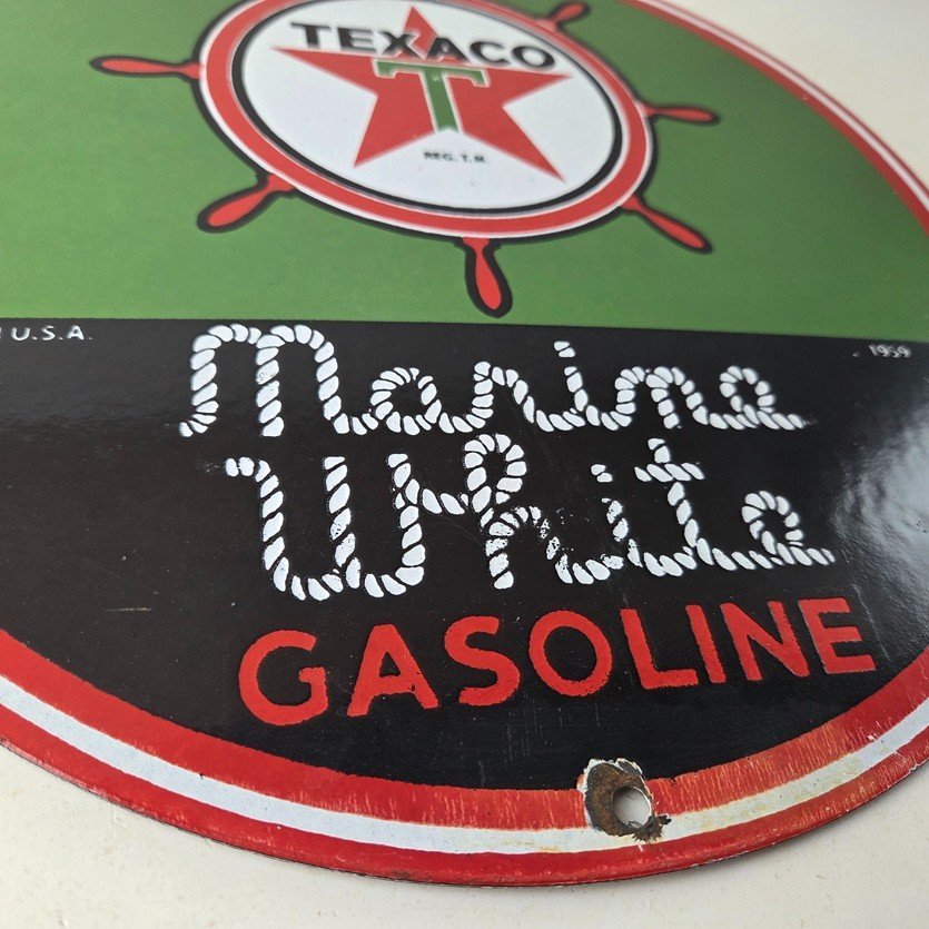 Vintage Texaco Gasoline Sign - Gas Products Porcelain Marine White Sign - Image 11