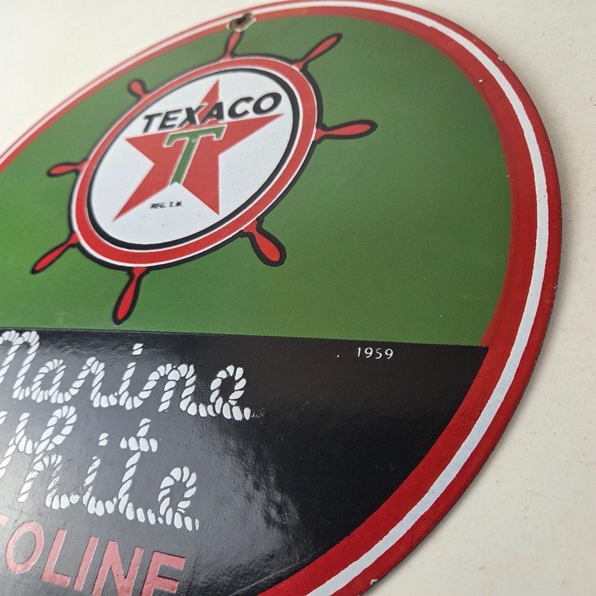 Vintage Texaco Gasoline Sign - Gas Products Porcelain Marine White Sign - Image 13