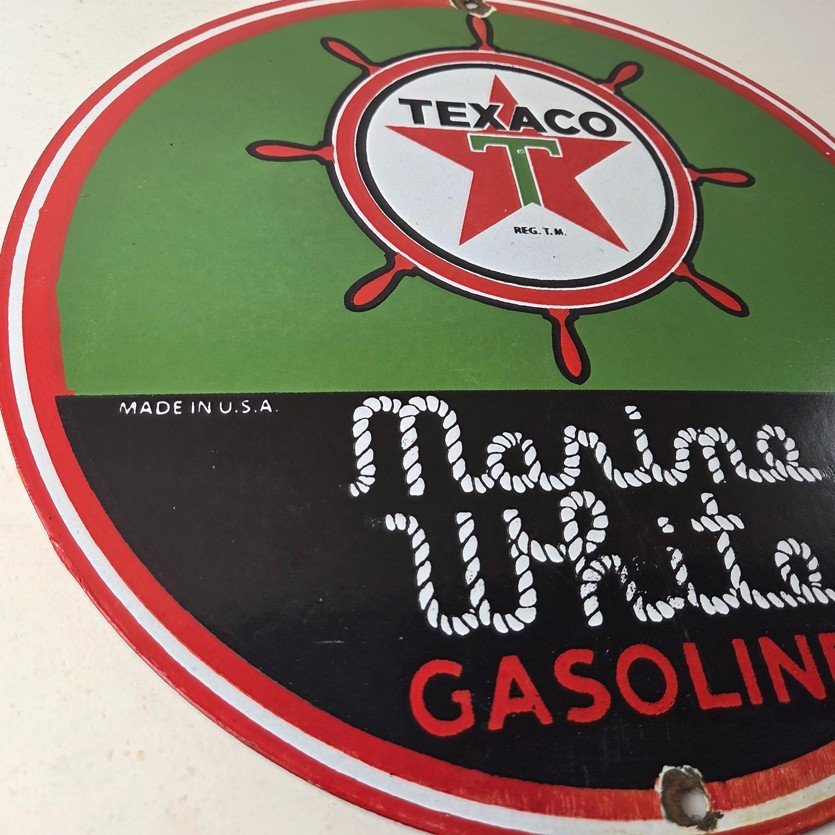 Vintage Texaco Gasoline Sign - Gas Products Porcelain Marine White Sign - Image 6