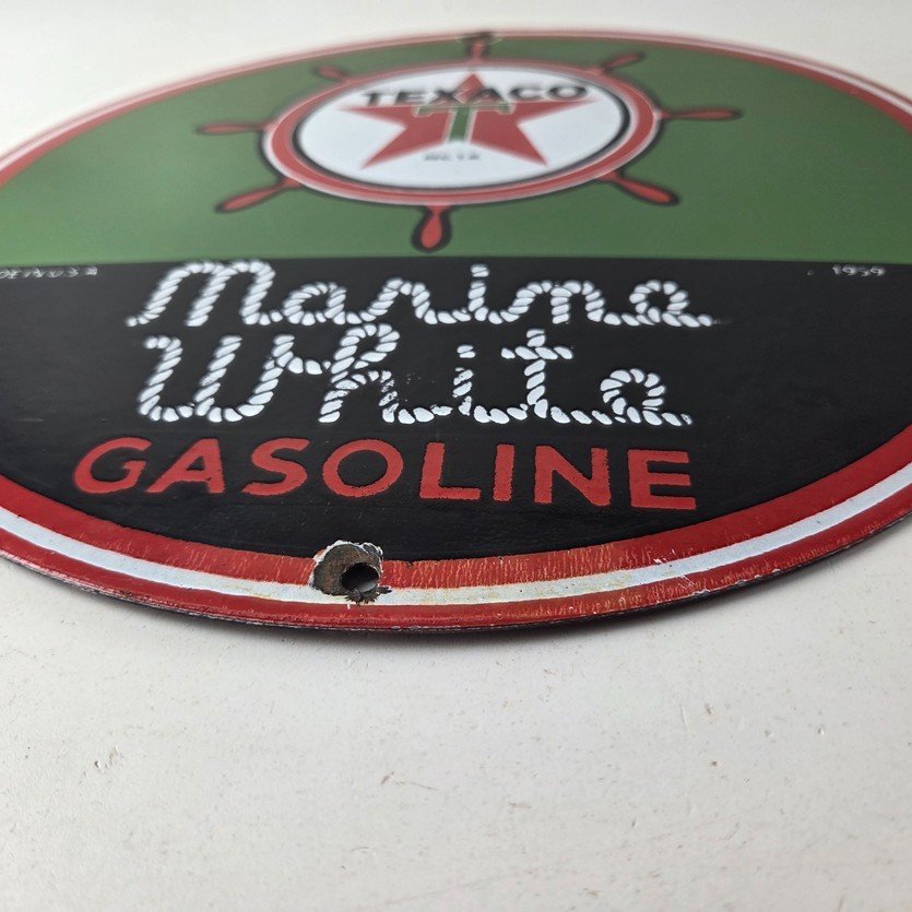 Vintage Texaco Gasoline Sign - Gas Products Porcelain Marine White Sign - Image 10