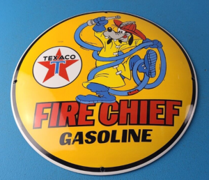 Vintage Texaco Gasoline Sign Porcelain Disney Goofy Fire Chief Gas Pump Sign 305858836143