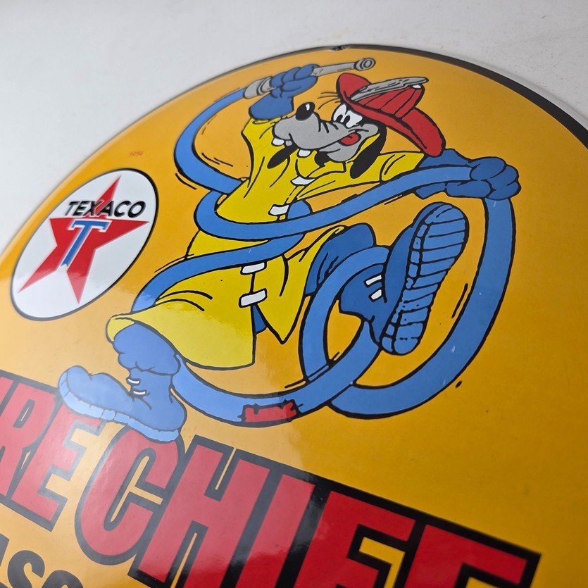Vintage Texaco Gasoline Sign - Porcelain Disney Goofy Fire Chief Gas Pump Sign - Image 12