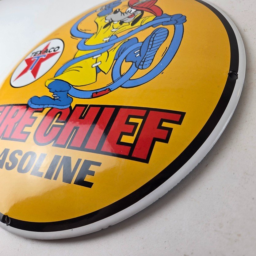 Vintage Texaco Gasoline Sign - Porcelain Disney Goofy Fire Chief Gas Pump Sign - Image 13