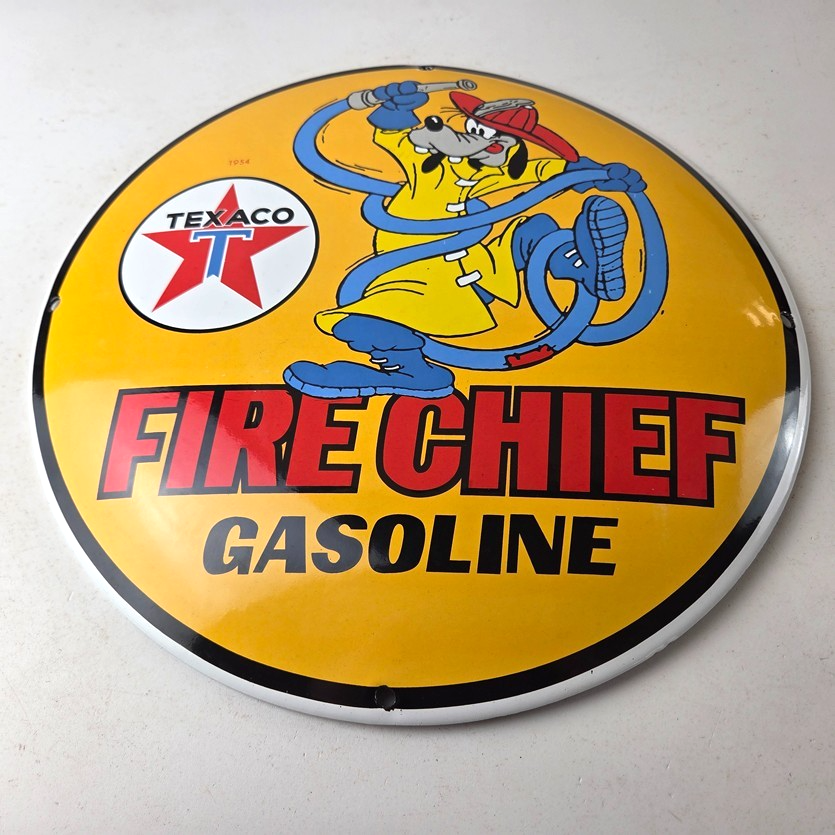 Vintage Texaco Gasoline Sign - Porcelain Disney Goofy Fire Chief Gas Pump Sign - Image 15