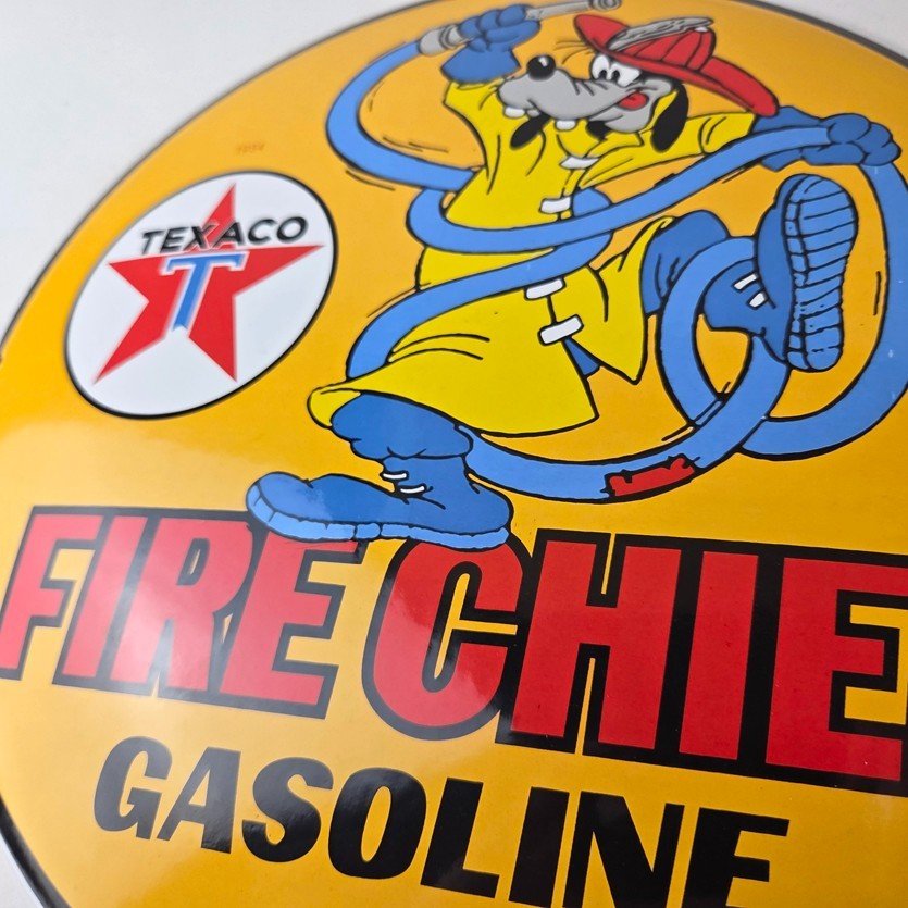 Vintage Texaco Gasoline Sign - Porcelain Disney Goofy Fire Chief Gas Pump Sign - Image 4