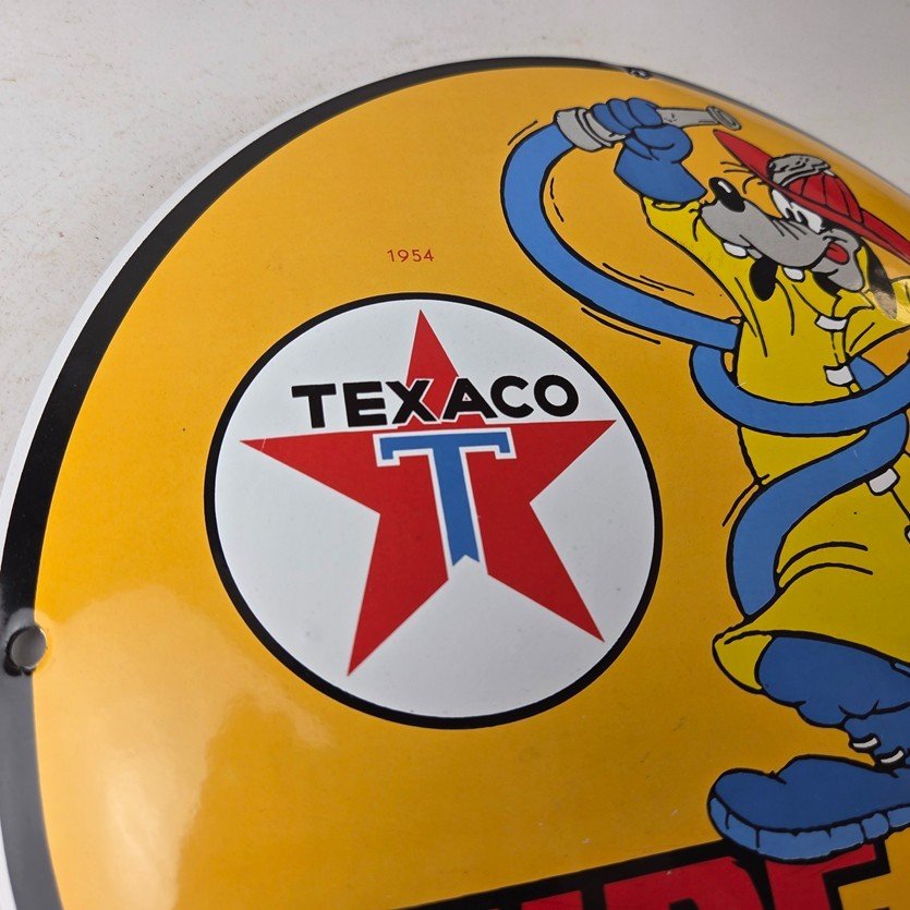 Vintage Texaco Gasoline Sign - Porcelain Disney Goofy Fire Chief Gas Pump Sign - Image 5