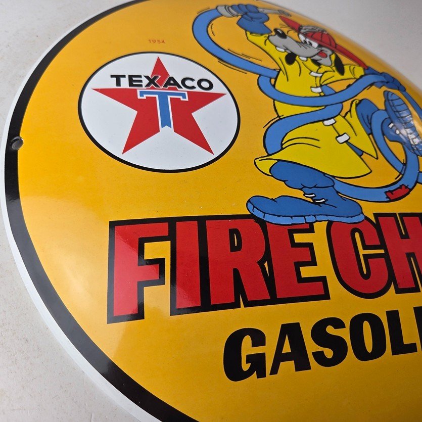 Vintage Texaco Gasoline Sign - Porcelain Disney Goofy Fire Chief Gas Pump Sign - Image 6