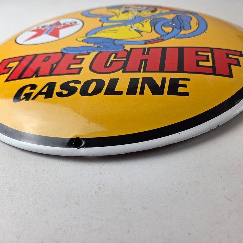 Vintage Texaco Gasoline Sign - Porcelain Disney Goofy Fire Chief Gas Pump Sign - Image 10