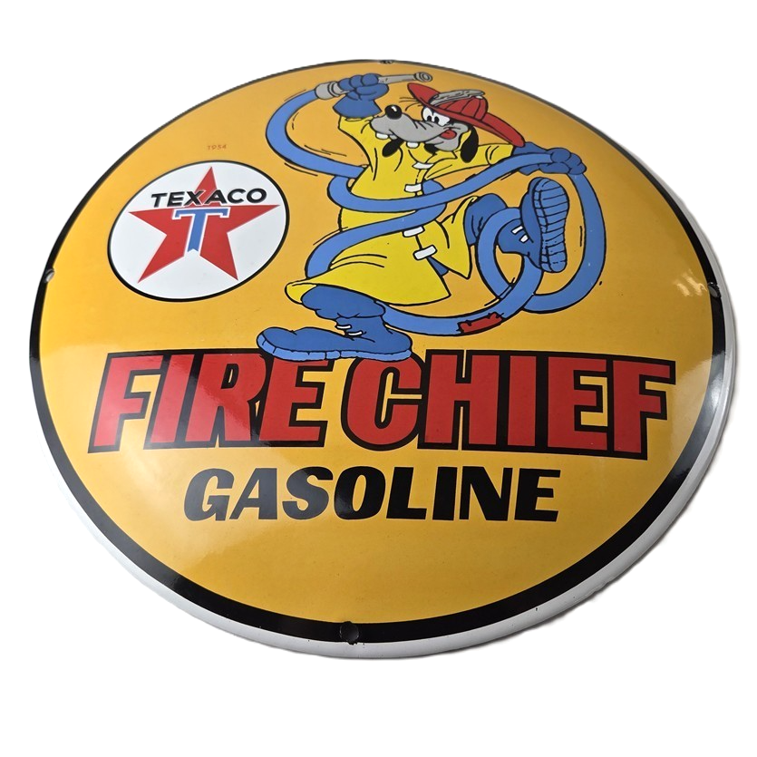 Vintage Texaco Gasoline Sign - Porcelain Disney Goofy Fire Chief Gas Pump Sign