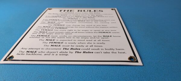 Vintage The Rules Porcelain Sign Man Cave Male Female Gas Pump Plate Sign 305699585293 10