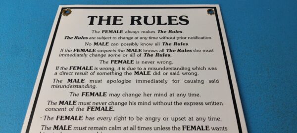 Vintage The Rules Porcelain Sign Man Cave Male Female Gas Pump Plate Sign 305699585293 12